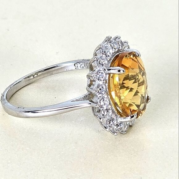 925 Sterling Silver Ring Sz 6.75 with Natural Citrine 12x10mm & CZ - Picture 6 of 8